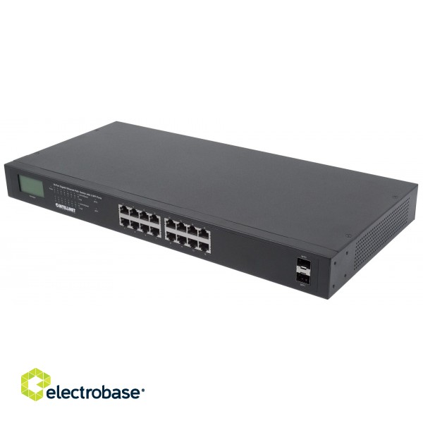 Intellinet 16-Port Gigabit Ethernet PoE+ Switch with 2 SFP Ports, LCD Display, IEEE 802.3at/af Power over Ethernet (PoE+/PoE) Compliant, 370 W, Endspan, 19" Rackmount image 1