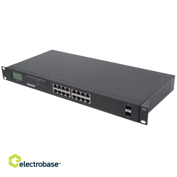 Intellinet 16-Port Gigabit Ethernet PoE+ Switch with 2 SFP Ports, LCD Display, IEEE 802.3at/af Power over Ethernet (PoE+/PoE) Compliant, 370 W, Endspan, 19" Rackmount image 2