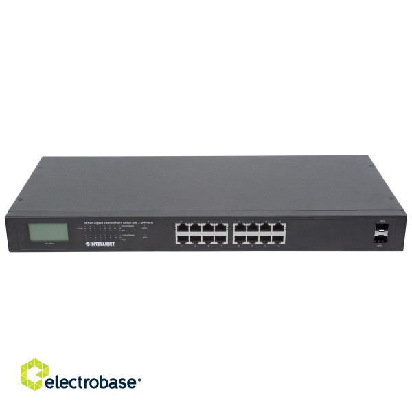 Intellinet 16-Port Gigabit Ethernet PoE+ Switch with 2 SFP Ports, LCD Display, IEEE 802.3at/af Power over Ethernet (PoE+/PoE) Compliant, 370 W, Endspan, 19" Rackmount image 6