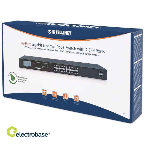 Intellinet 16-Port Gigabit Ethernet PoE+ Switch with 2 SFP Ports, LCD Display, IEEE 802.3at/af Power over Ethernet (PoE+/PoE) Compliant, 370 W, Endspan, 19" Rackmount image 8