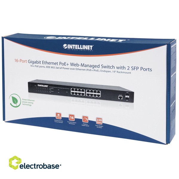 Intellinet 16-Port Gigabit Ethernet PoE+ Web-Managed Switch with 2 SFP Ports, 16 x PoE ports, IEEE 802.3at/af Power over Ethernet (PoE+/PoE), 2 x SFP, Endspan, 19" Rackmount paveikslėlis 5
