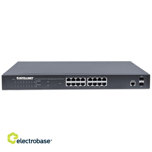 Intellinet 16-Port Gigabit Ethernet PoE+ Web-Managed Switch with 2 SFP Ports, 16 x PoE ports, IEEE 802.3at/af Power over Ethernet (PoE+/PoE), 2 x SFP, Endspan, 19" Rackmount фото 3