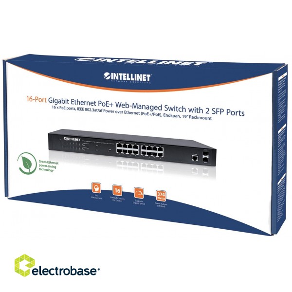 Intellinet 16-Port Gigabit Ethernet PoE+ Web-Managed Switch with 2 SFP Ports, IEEE 802.3at/af Power over Ethernet (PoE+/PoE) Compliant, 374 W, Endspan, 19" Rackmount image 5