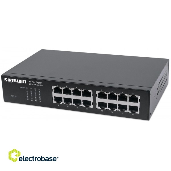 Intellinet 16-Port Gigabit Ethernet Switch, 16-Port RJ45 10/100/1000 Mbps, IEEE 802.3az Energy Efficient Ethernet, Desktop, 19" Rackmount image 1