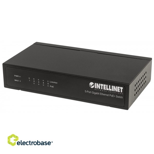 Intellinet 5-Port Gigabit Ethernet PoE+ Switch, 4 x PSE Ports, IEEE 802.3at/af Power over Ethernet (PoE+/PoE) Compliant, 60 W, Desktop (Euro 2-pin plug) image 1