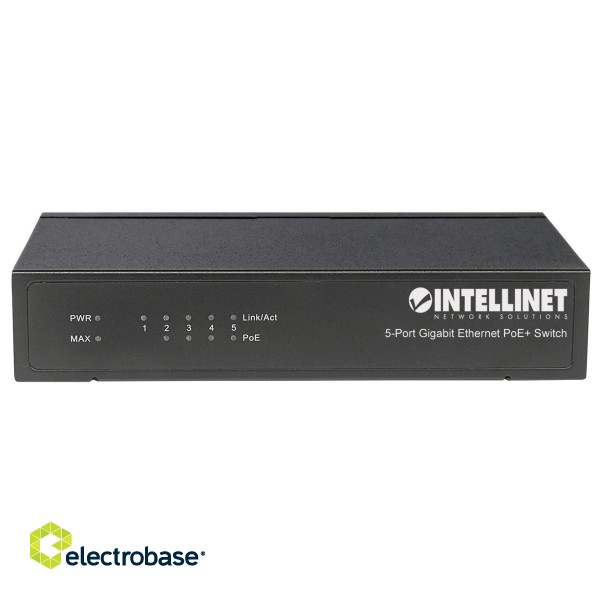 Intellinet 5-Port Gigabit Ethernet PoE+ Switch, 4 x PSE Ports, IEEE 802.3at/af Power over Ethernet (PoE+/PoE) Compliant, 60 W, Desktop (Euro 2-pin plug) image 3