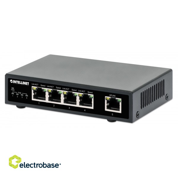 Intellinet 5-Port Gigabit Ethernet PoE+ Switch, Four PSE PoE Ports, IEEE 802.3at/af (PoE+/PoE) Compliant, PoE Power Budget up to 62 W, Desktop Format image 1
