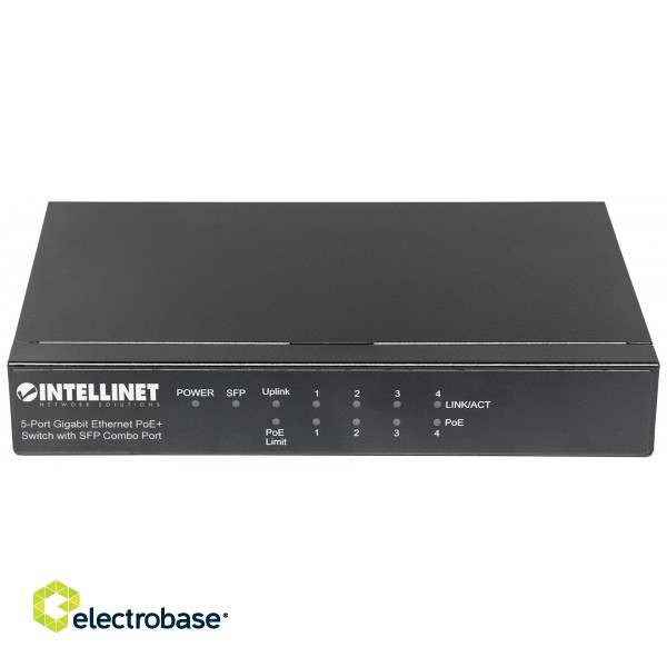 Intellinet 5-Port Gigabit Ethernet PoE+ Switch with SFP Combo Port, 4 x PSE Ports, IEEE 802.3at/af Power over Ethernet (PoE+/PoE) Compliant, 80 W, Desktop (Euro 2-pin plug) paveikslėlis 3