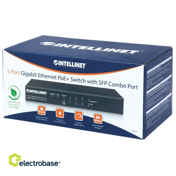 Intellinet 5-Port Gigabit Ethernet PoE+ Switch with SFP Combo Port, 4 x PSE Ports, IEEE 802.3at/af Power over Ethernet (PoE+/PoE) Compliant, 80 W, Desktop (Euro 2-pin plug) paveikslėlis 8