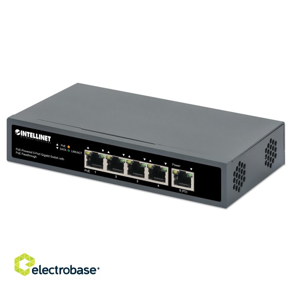 Intellinet 5-Port Gigabit Switch with PoE Passthrough, One IEEE 802.3bt (PoE++ / 4PPoE) PD PoE Port with 95 W Power Input, Four PSE PoE ports, PoE Power Budget up to 65 W, IEEE 802.3at/af Compliant Output, Desktop, Wall-mount Option image 1