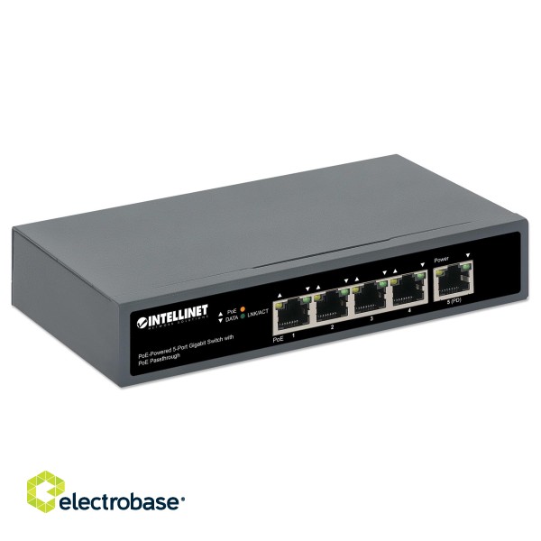 Intellinet 5-Port Gigabit Switch with PoE Passthrough, One IEEE 802.3bt (PoE++ / 4PPoE) PD PoE Port with 95 W Power Input, Four PSE PoE ports, PoE Power Budget up to 65 W, IEEE 802.3at/af Compliant Output, Desktop, Wall-mount Option image 2