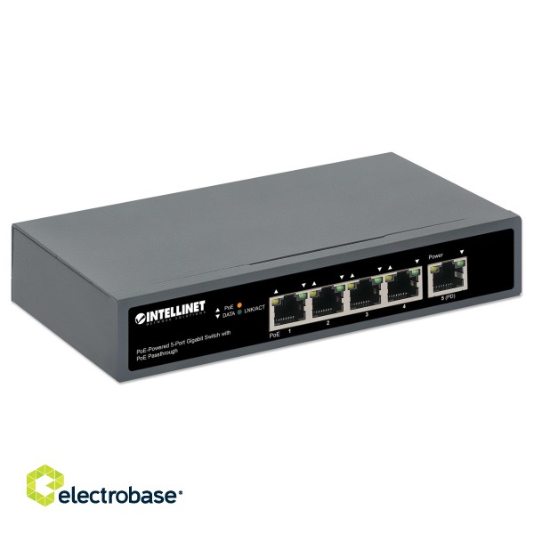 Intellinet 5-Port Gigabit Switch with PoE Passthrough, One IEEE 802.3bt (PoE++ / 4PPoE) PD PoE Port with 95 W Power Input, Four PSE PoE ports, PoE Power Budget up to 65 W, IEEE 802.3at/af Compliant Output, Desktop, Wall-mount Option paveikslėlis 2