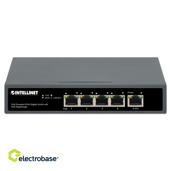 Intellinet 5-Port Gigabit Switch with PoE Passthrough, One IEEE 802.3bt (PoE++ / 4PPoE) PD PoE Port with 95 W Power Input, Four PSE PoE ports, PoE Power Budget up to 65 W, IEEE 802.3at/af Compliant Output, Desktop, Wall-mount Option paveikslėlis 3