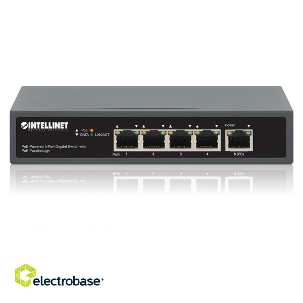 Intellinet 5-Port Gigabit Switch with PoE Passthrough, One IEEE 802.3bt (PoE++ / 4PPoE) PD PoE Port with 95 W Power Input, Four PSE PoE ports, PoE Power Budget up to 65 W, IEEE 802.3at/af Compliant Output, Desktop, Wall-mount Option paveikslėlis 5