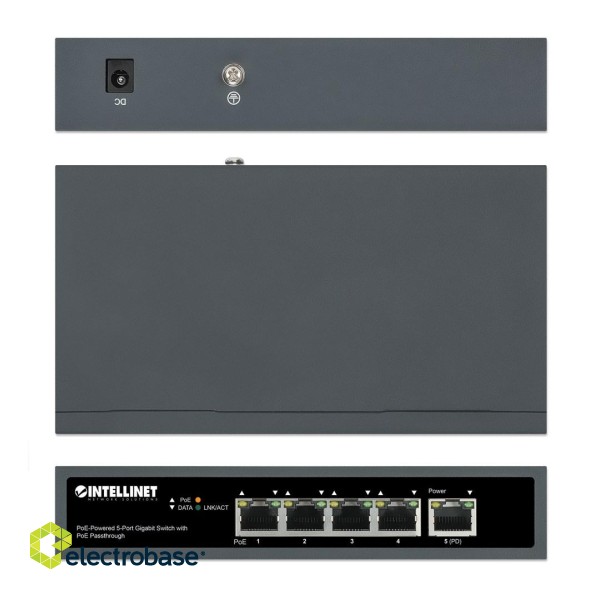 Intellinet 5-Port Gigabit Switch with PoE Passthrough, One IEEE 802.3bt (PoE++ / 4PPoE) PD PoE Port with 95 W Power Input, Four PSE PoE ports, PoE Power Budget up to 65 W, IEEE 802.3at/af Compliant Output, Desktop, Wall-mount Option paveikslėlis 6