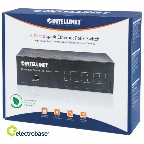 Intellinet 8-Port Gigabit Ethernet PoE+ Switch, IEEE 802.3at/af Power over Ethernet (PoE+/PoE) Compliant, 60 W, Desktop, Box image 2