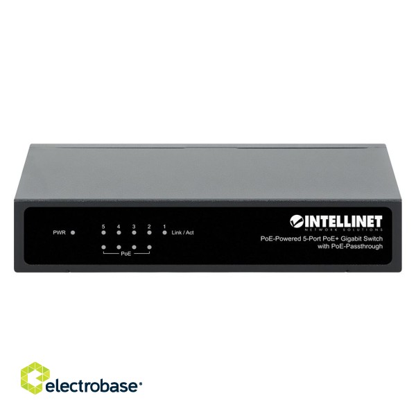 Intellinet PoE-Powered 5-Port Gigabit Switch with PoE Passthrough, 4 x PSE PoE ports, 1 x PD PoE port, IEEE 802.3at/af Power-over-Ethernet (PoE+/PoE), IEEE 802.3az Energy Efficient Ethernet, Desktop (Euro 2-pin plug) image 2