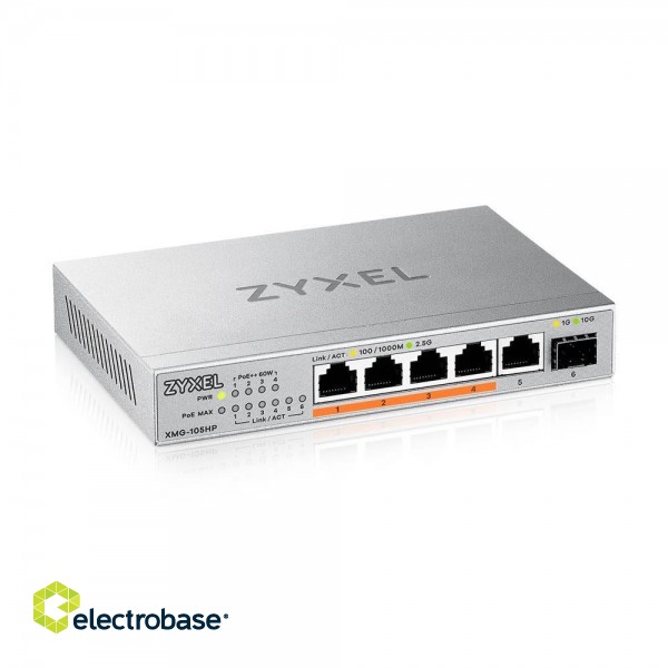 Zyxel XMG-105HP Unmanaged 2.5G Ethernet (100/1000/2500) Power over Ethernet (PoE) Silver paveikslėlis 1