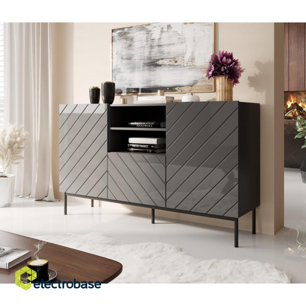 ABETO chest of drawers on black steel frame 150x42x90 graphite/glossy graphite
