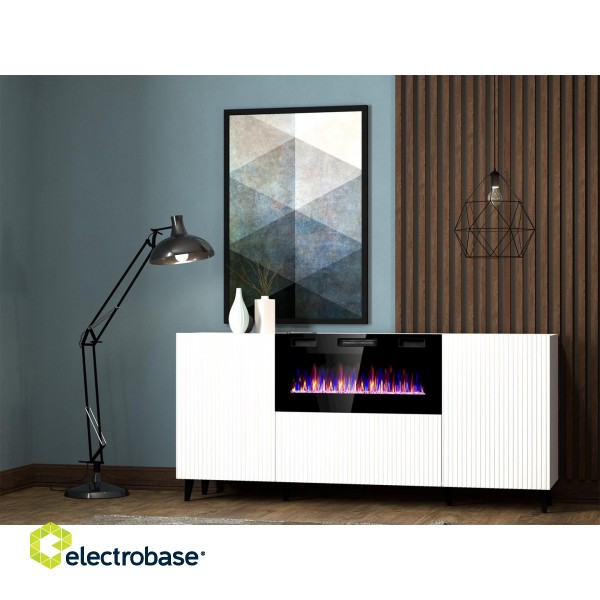 PAFOS chest of drawers with electric fireplace 180x42x82 cm white matt image 1