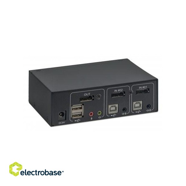 Manhattan DisplayPort 1.2 KVM Switch 2-Port, 4K@60Hz, USB-A/3.5mm Audio/Mic Connections, Cables included, Audio Support, Control 2x computers from one pc/mouse/screen, USB Powered, Black, Three Year Warranty, Boxed image 3
