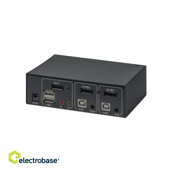 Manhattan DisplayPort 1.2 KVM Switch 2-Port, 4K@60Hz, USB-A/3.5mm Audio/Mic Connections, Cables included, Audio Support, Control 2x computers from one pc/mouse/screen, USB Powered, Black, Three Year Warranty, Boxed image 4