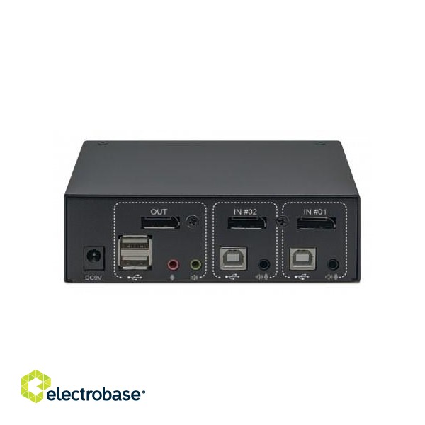 Manhattan DisplayPort 1.2 KVM Switch 2-Port, 4K@60Hz, USB-A/3.5mm Audio/Mic Connections, Cables included, Audio Support, Control 2x computers from one pc/mouse/screen, USB Powered, Black, Three Year Warranty, Boxed paveikslėlis 5