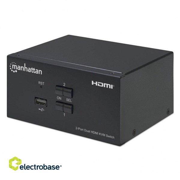 Manhattan HDMI KVM Switch 2-Port, 4K@30Hz, USB-A/3.5mm Audio/Mic Connections, Cables included, Audio Support, Control 2x computers from one pc/mouse/screen, USB Powered, Black, Three Year Warranty, Boxed image 1