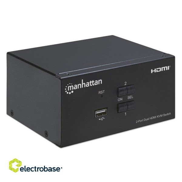 Manhattan HDMI KVM Switch 2-Port, 4K@30Hz, USB-A/3.5mm Audio/Mic Connections, Cables included, Audio Support, Control 2x computers from one pc/mouse/screen, USB Powered, Black, Three Year Warranty, Boxed image 2