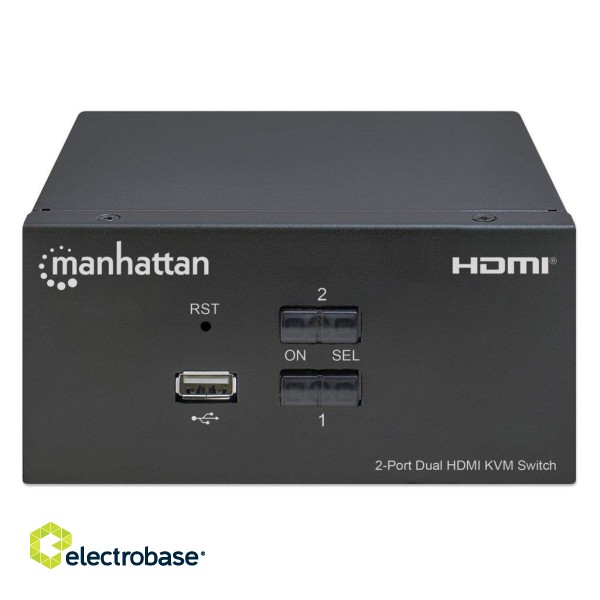 Manhattan HDMI KVM Switch 2-Port, 4K@30Hz, USB-A/3.5mm Audio/Mic Connections, Cables included, Audio Support, Control 2x computers from one pc/mouse/screen, USB Powered, Black, Three Year Warranty, Boxed image 3