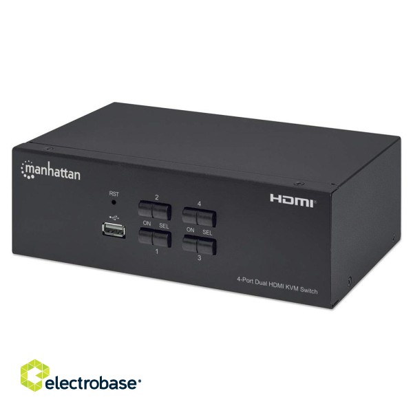 Manhattan HDMI KVM Switch 4-Port, 4K@30Hz, USB-A/3.5mm Audio/Mic Connections, Cables included, Audio Support, Control 4x computers from one pc/mouse/screen, USB Powered, Black, Three Year Warranty, Boxed image 1