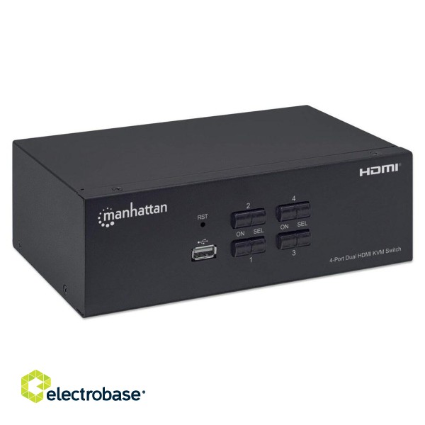 Manhattan HDMI KVM Switch 4-Port, 4K@30Hz, USB-A/3.5mm Audio/Mic Connections, Cables included, Audio Support, Control 4x computers from one pc/mouse/screen, USB Powered, Black, Three Year Warranty, Boxed image 2