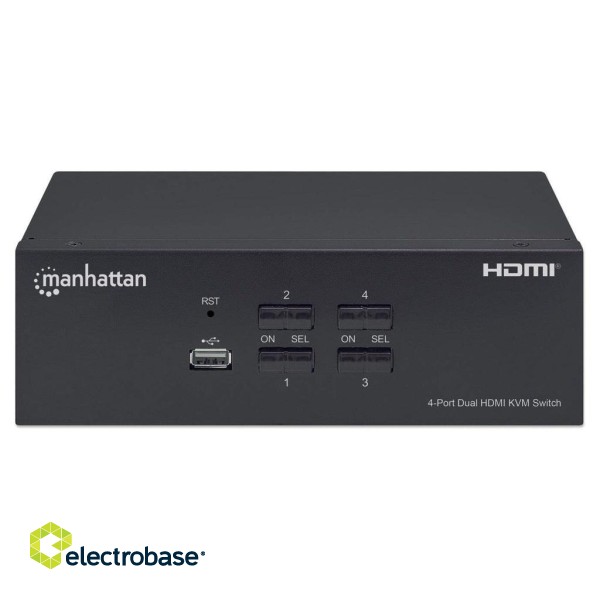 Manhattan HDMI KVM Switch 4-Port, 4K@30Hz, USB-A/3.5mm Audio/Mic Connections, Cables included, Audio Support, Control 4x computers from one pc/mouse/screen, USB Powered, Black, Three Year Warranty, Boxed paveikslėlis 3