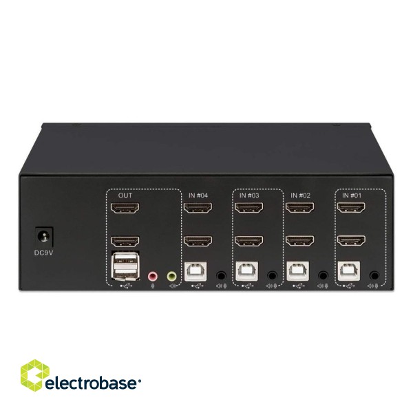 Manhattan HDMI KVM Switch 4-Port, 4K@30Hz, USB-A/3.5mm Audio/Mic Connections, Cables included, Audio Support, Control 4x computers from one pc/mouse/screen, USB Powered, Black, Three Year Warranty, Boxed фото 5