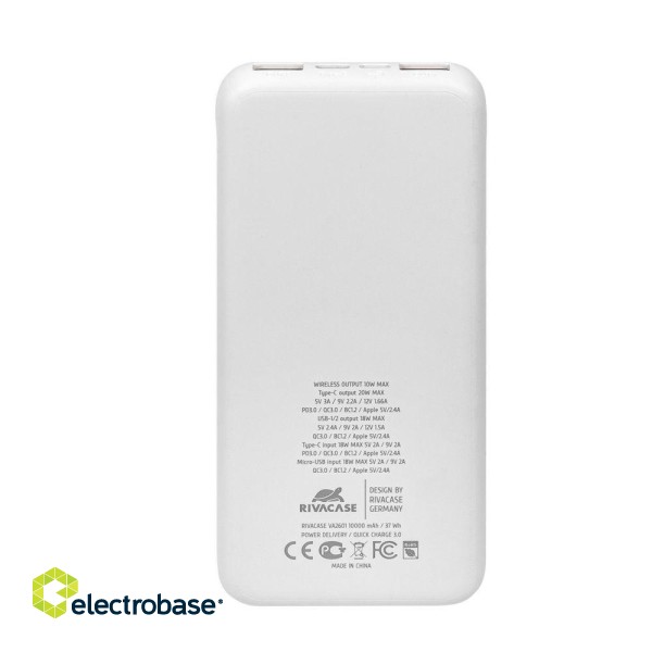 Powerbank RIVACASE 10000 mAh USB-C 20W + Qi 10W biały (1x USB-C PD 20W, 2 USB-A  QC 3.0 18W), white image 4