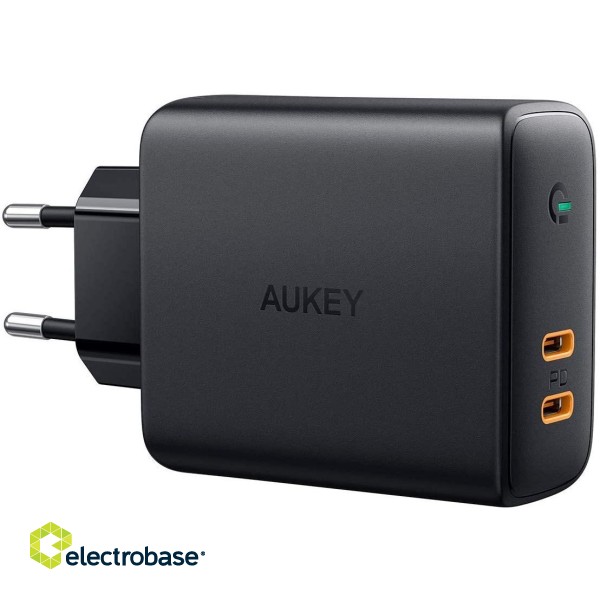 AUKEY PA-D5 GaN mobile device charger Black 2xUSB C Power Delivery 3.0 63W 6A Dynamic Detect фото 1