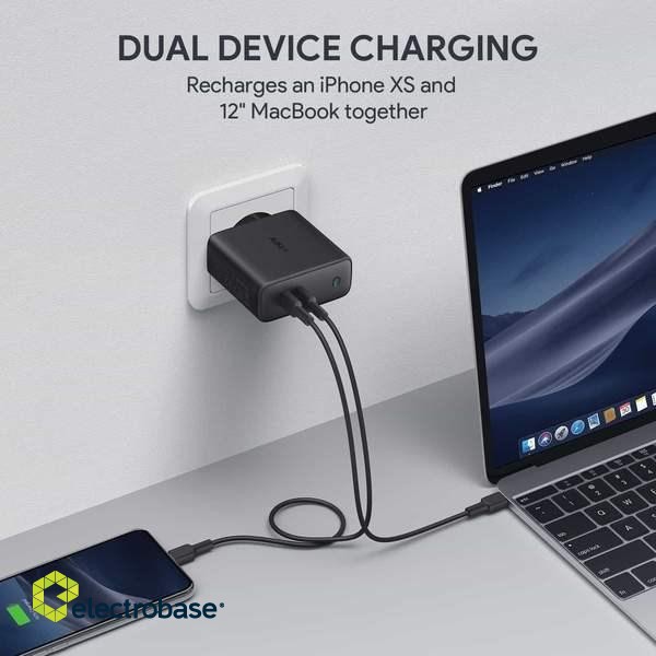 AUKEY PA-D5 GaN mobile device charger Black 2xUSB C Power Delivery 3.0 63W 6A Dynamic Detect фото 2