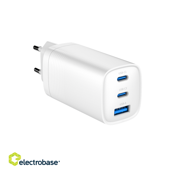 Gembird TA-UC-PDQC65-01-W 3-port 65 W GaN USB PowerDelivery fast charger, white image 1