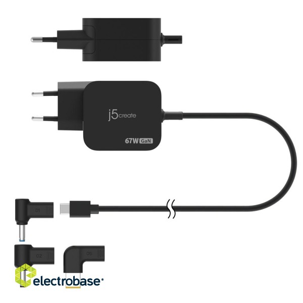 j5create JUP1565DCE3A-EN 67W GaN PD USB-C® Mini Charger with 3 Types of DC Connector - EU paveikslėlis 3