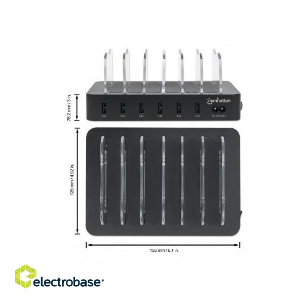 Manhattan Charging Station, 6x USB-A Ports, Outputs: 6x 2.4A, Smart IC, LED Indicator Lights, Black, Three Year Warranty, Box image 6