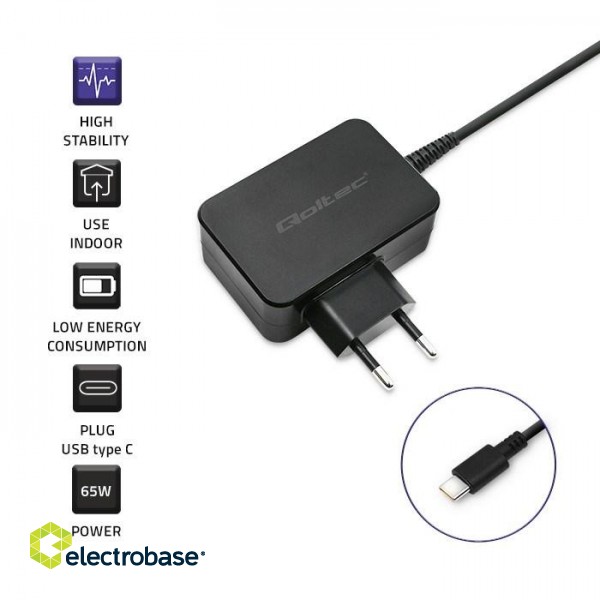 Qoltec 51024 Charger | 65W | 5-20V | 3-3.25A | USB type C | PD | Black paveikslėlis 3