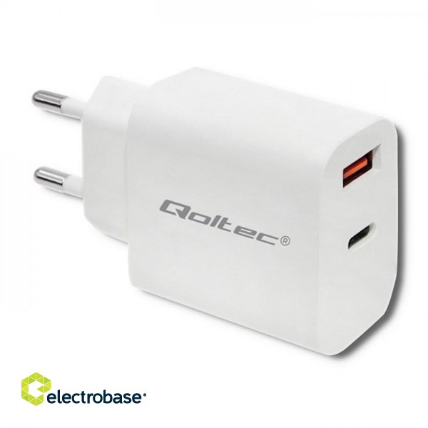 Qoltec 51714 Charger | 18W | 5-12V | 1.5-3A | USB type C PD | USB QC 3.0 | White фото 1