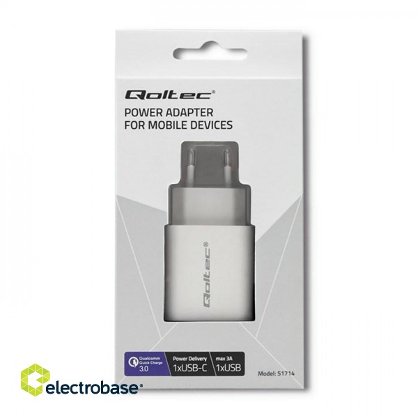 Qoltec 51714 Charger | 18W | 5-12V | 1.5-3A | USB type C PD | USB QC 3.0 | White image 2