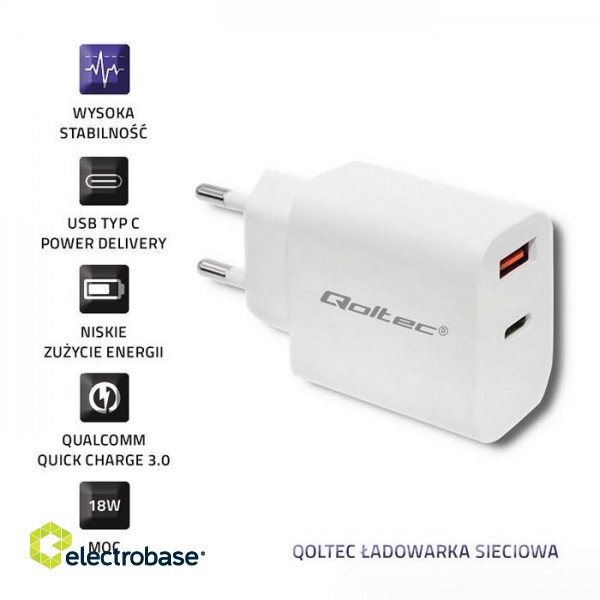 Qoltec 51714 Charger | 18W | 5-12V | 1.5-3A | USB type C PD | USB QC 3.0 | White фото 3