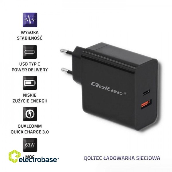 Qoltec 51716 Charger | 63W | 5-20V | 1.5-3A | USB type C PD | USB QC 3.0 | Black фото 5