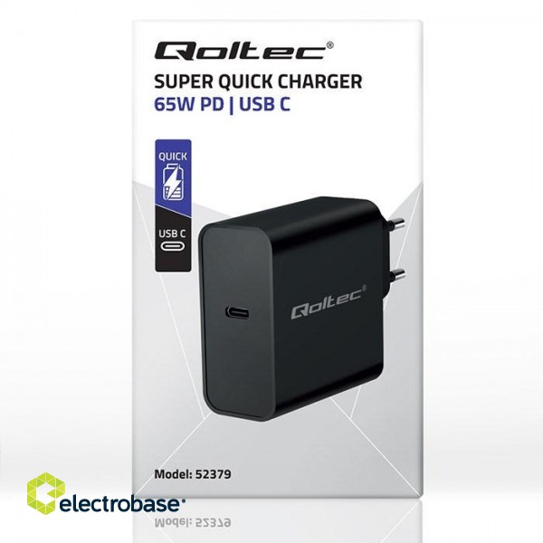 Qoltec 52379 Super Quick PD Charger | 1xUSB-C | 65W | 5-20V | 3-3.25A | Black image 6