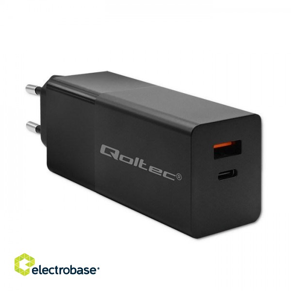 Qoltec 52382 GaN POWER PRO charger | 1xUSB type C | 1xUSB A | 100W | 5-20V | 1.5-5A | PD | Black image 1
