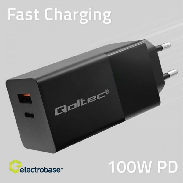 Qoltec 52382 GaN POWER PRO charger | 1xUSB type C | 1xUSB A | 100W | 5-20V | 1.5-5A | PD | Black image 3