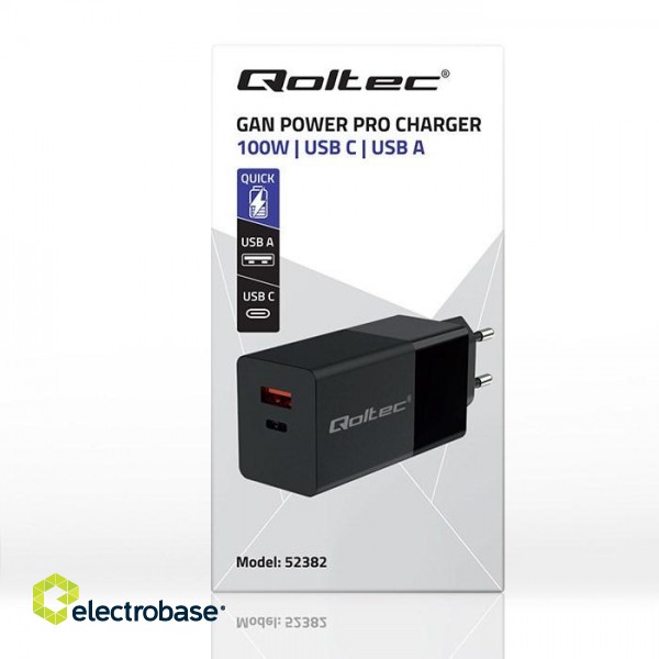 Qoltec 52382 GaN POWER PRO charger | 1xUSB type C | 1xUSB A | 100W | 5-20V | 1.5-5A | PD | Black image 5