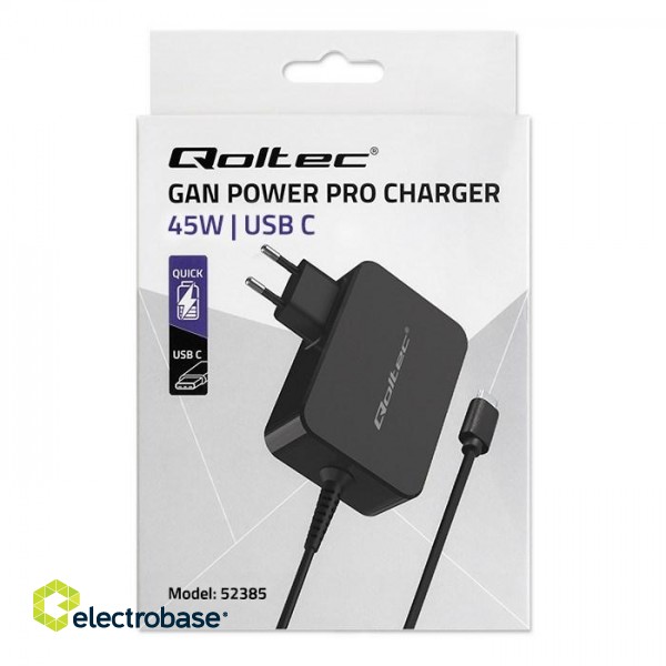 Qoltec 52385 GaN POWER PRO charger | 1xUSB-C | 45W | 5-20V | 2.25-3A | Black фото 7